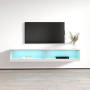 Vigo Floating TV Stand for TVs up to 80, Modern High Gloss 71 Entertainment Center, Wall Mounted TV Media Console with Storage Cabinets and LED Lights