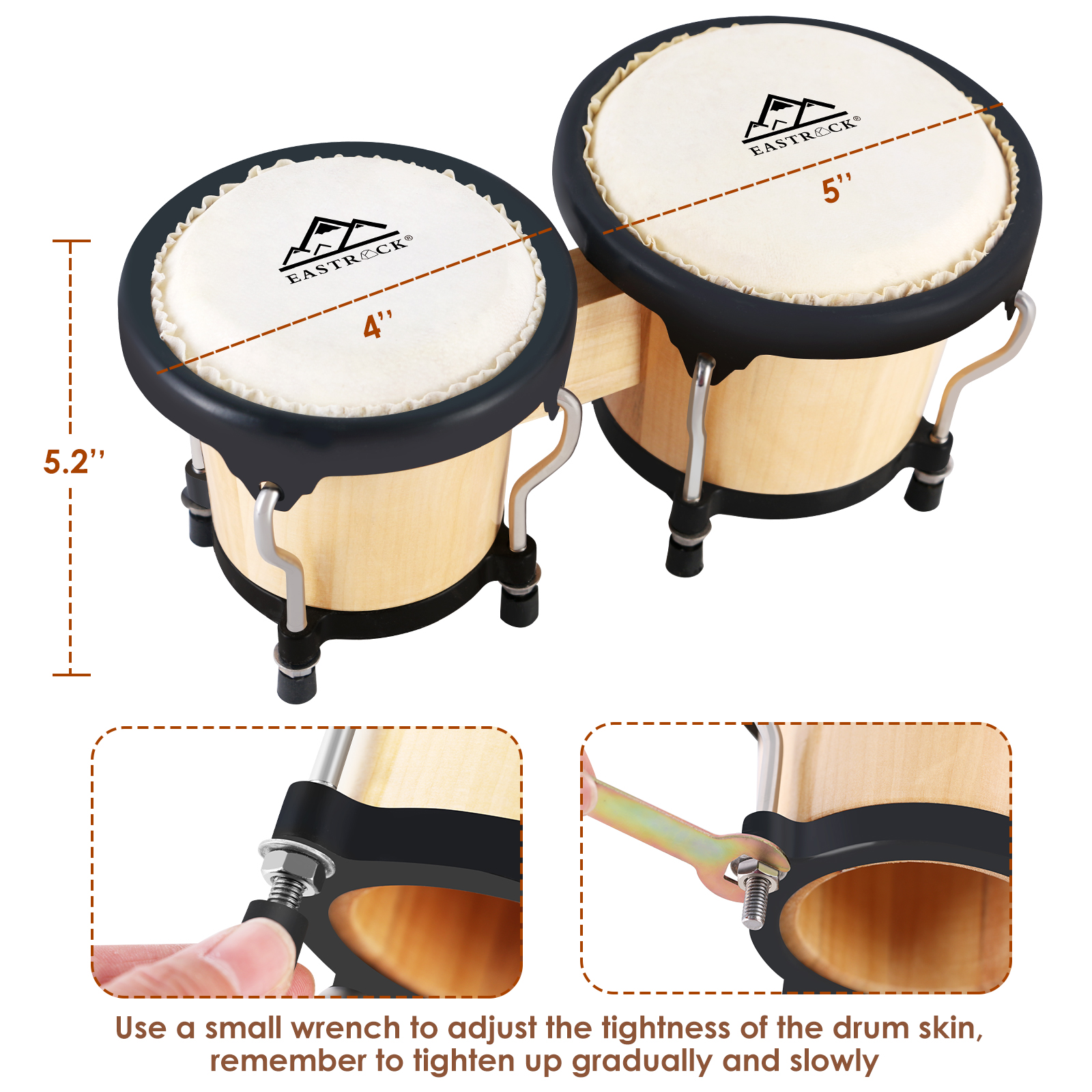 EastRock Bongo Drum Set 4 & 5 Inch Natural Wood photo 4