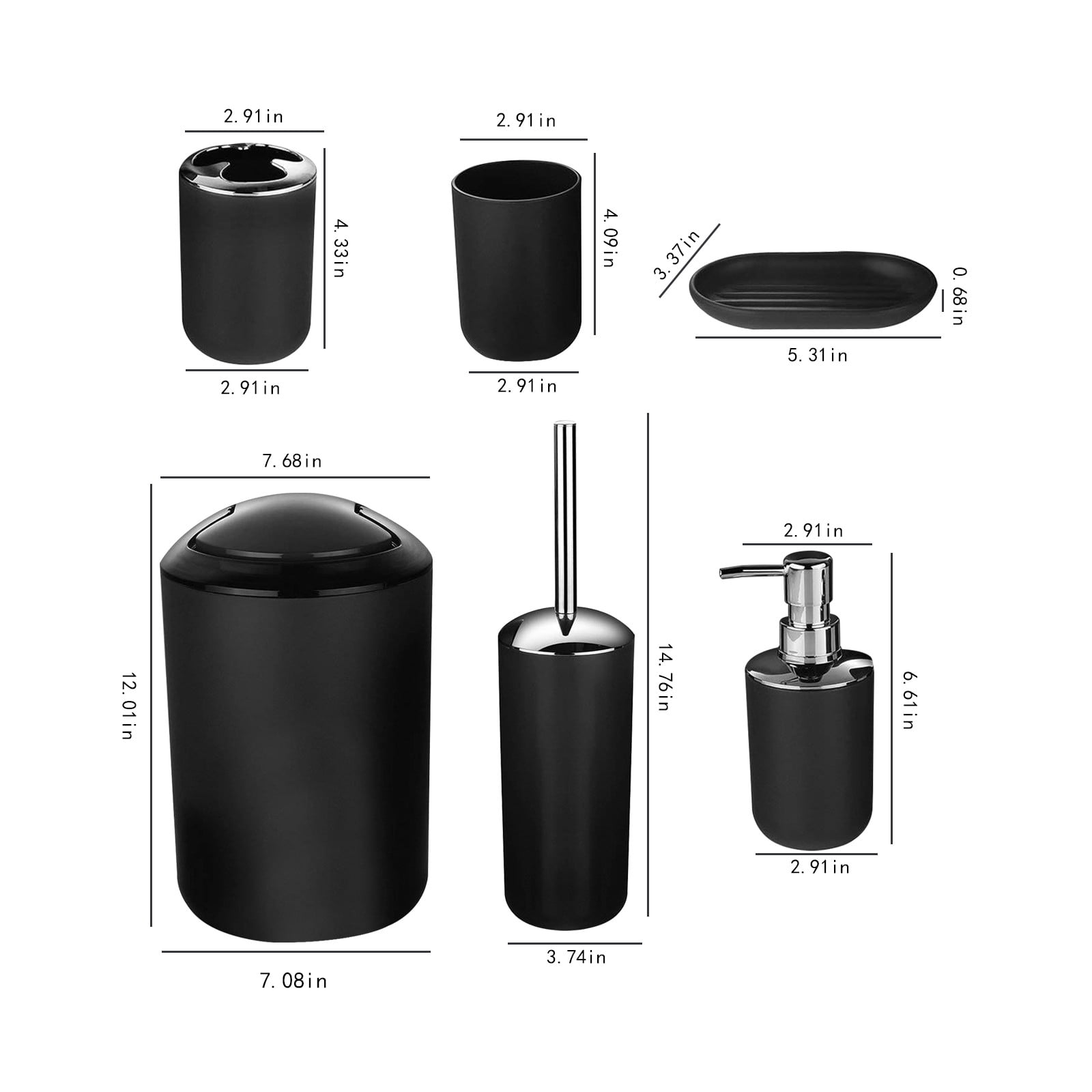 ZZkhGO 6-Piece Bathroom Accessory Set, Complete PP Plastic Toilet Brush Soap Dispenser, Organized Kit with Tumbler Trash Can