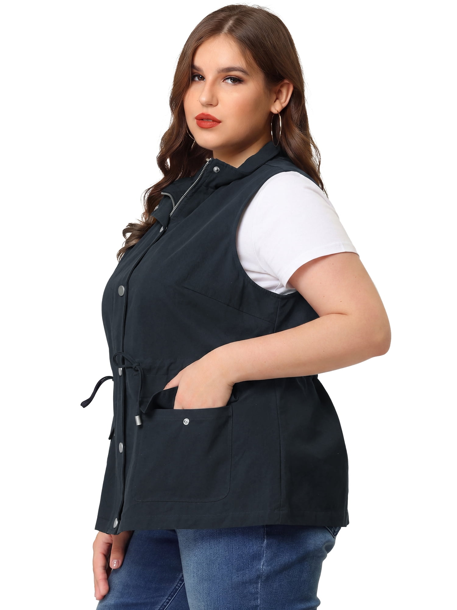DARING DIVA Women's Plus Size Lightweight Sleeveless Anorak Cargo Vest 6X Navy Blue