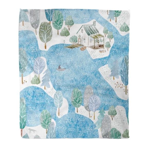 SIDONKU Throw Blanket 58x80 Inches Fisherman House Island and Garden Landscape Forest Lake Bridge Watercolor Warm Flannel Soft Blanket for Couch Sofa Bed
