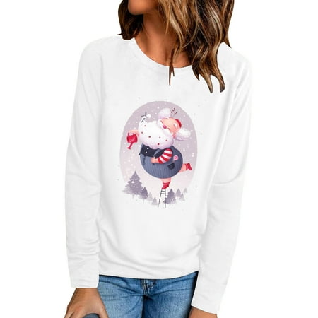 

GWAABD Women s Pajama Tops Women Casual Christmas Printing Daily Shirts Round Neck Long Sleeve T Shirt Loose Tee Tops Tunic Blouse