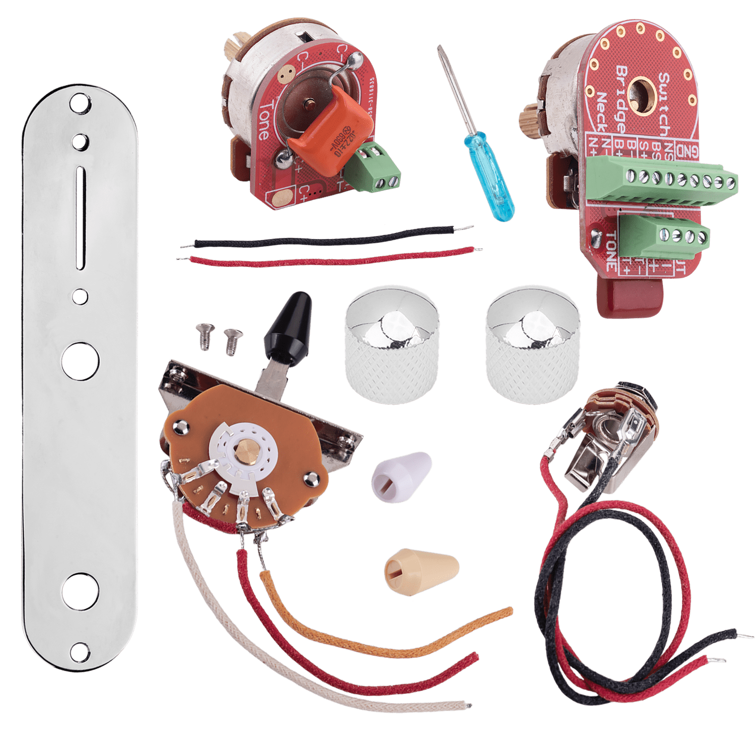 LOOKSEVEN Solderless Pre-Wired Control Plate Kit with 3-Way Switch, Brass Shaft Pot (1 Volume 1 Tone) Wiring Harness Easy Plug & Play Upgrade with Treble-Bleed Circuit for Telecaster Guitars