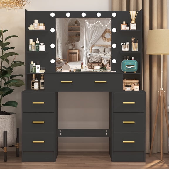Jarbalai Vanity Table with 3 Color Lighted Mirror, Makeup Vanity with Drawers and LED Lights, Modern Dresser Desk for Girls Bedroom, Black