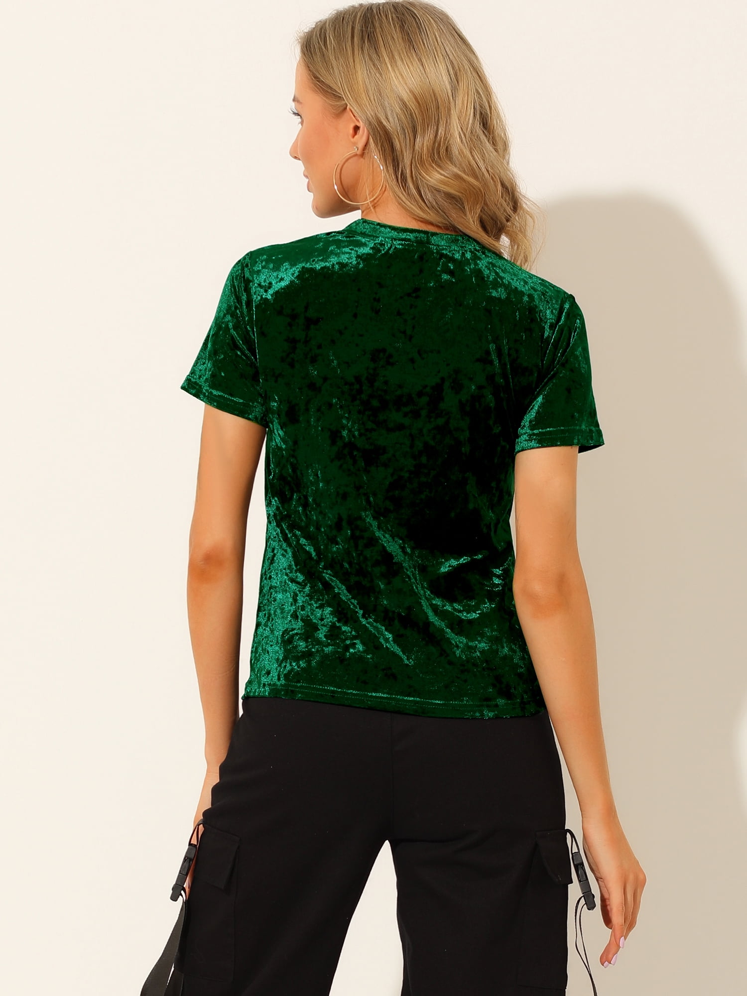 DARING DIVA Women's Velvet Blouse Tops Crew Neck Short Sleeve T-Shirt L Green