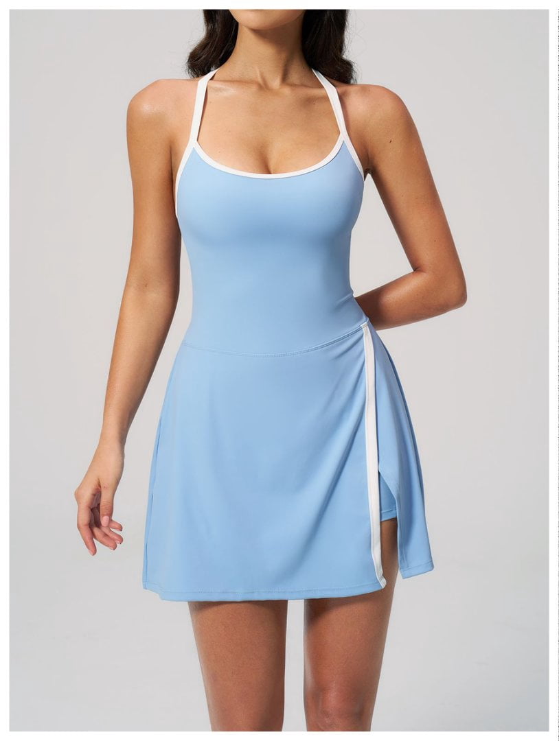 PISONIC Womens Workout Athletic Mini Dress with Built-in Shorts Sleeveless Cutout Tennis Dress