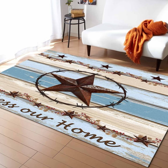 Area Rugs Indoor Non-Slip Rectangle Rug 5x7 Ft Texas Star Countryside Star Farmhouse Wood Grain Rug Rubber Backing Floor Mats Non Shedding Home Decor Carpet for Entryway Living Room