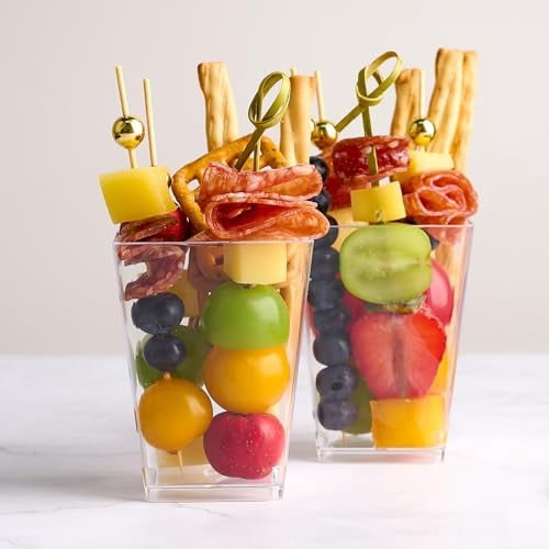 50 Sets 5oz Plastic Charcuterie Cups With Sticks - Disposable Clear Appetizer Fruit Salad Cups for Party (50 Cups + 100 Cocktail Picks)
