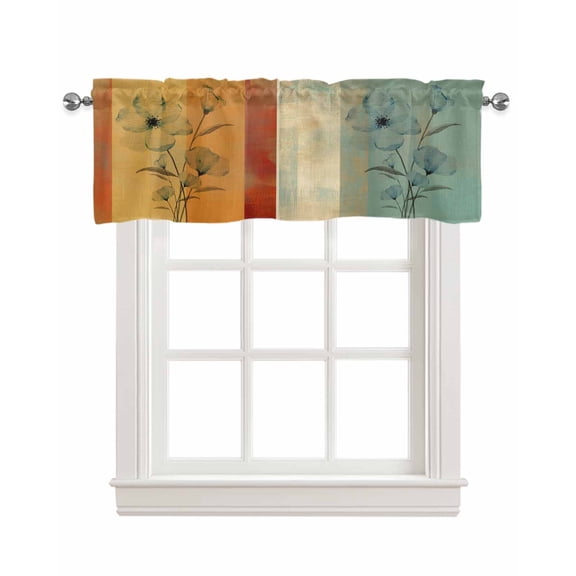 Abstract Blue Floral Linen Curtain Valance for Bedroom/Bathroom/Kitchen/Office/Living/Dining Room Window,Vintage Botanical Colored Geometric Rod Pocket Topper Decorative Cafe Drapes Panel 60"x18"