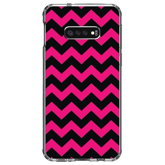 DistinctInk Clear Shockproof Hybrid Case for Samsung Galaxy S10e (5.8" Screen) - TPU Bumper, Acrylic Back, Tempered Glass Screen Protector - Black Hot Pink Stripes - Stripes Pattern