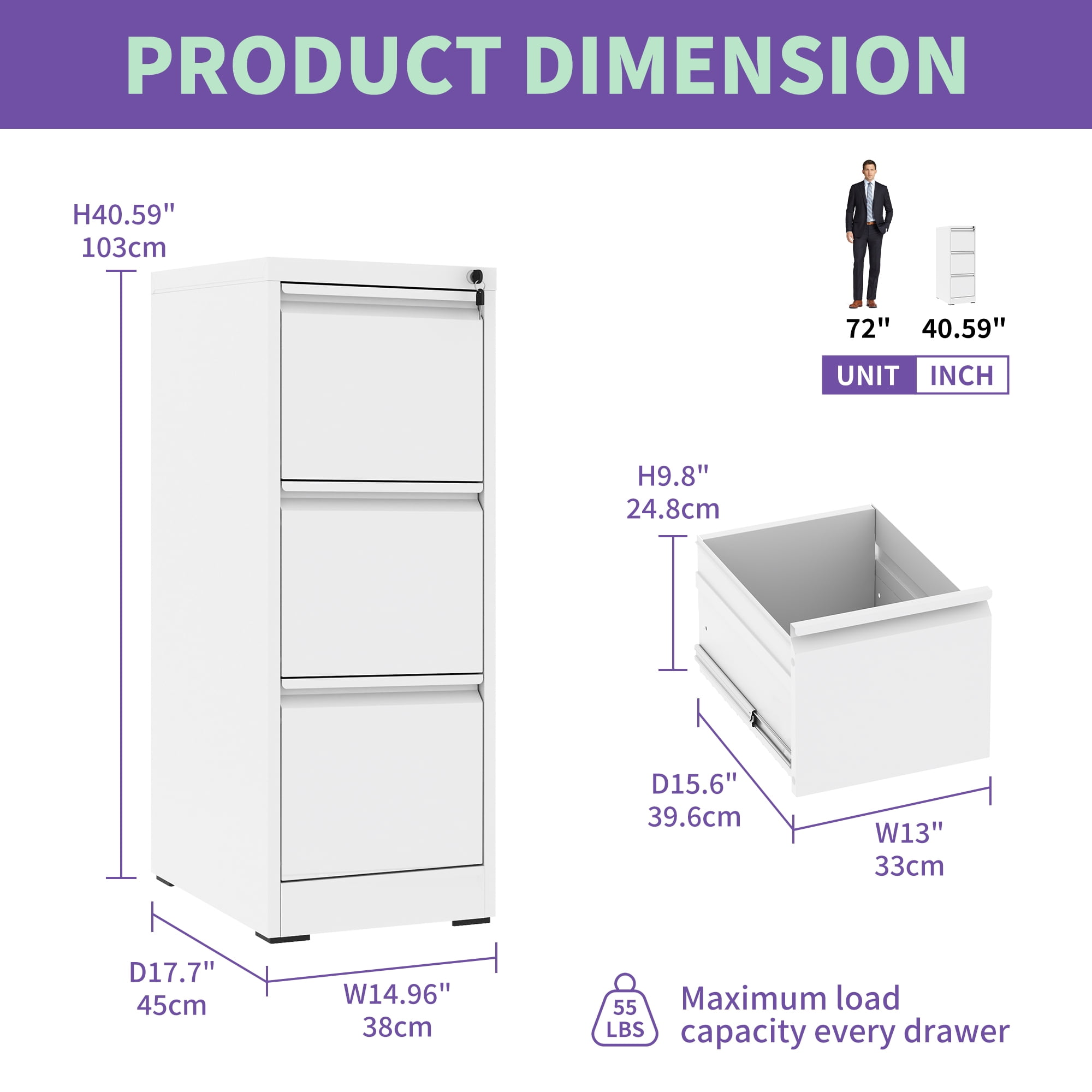 Dtwnek 3 Drawer Metal Vertical File Cabinet with Lock, Office Home Steel Vertical File Cabinet for A4 Letter Size, White