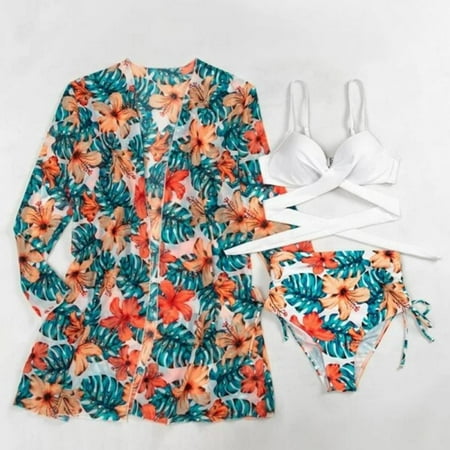 Women Bikini Set Summer Swimsuit Push Up Bra Printed Briefs Long Sleeve Sun Protection Cardigan Female Swimwear Set Beach Bathing Suits Women 3-peice Split Swimsuit