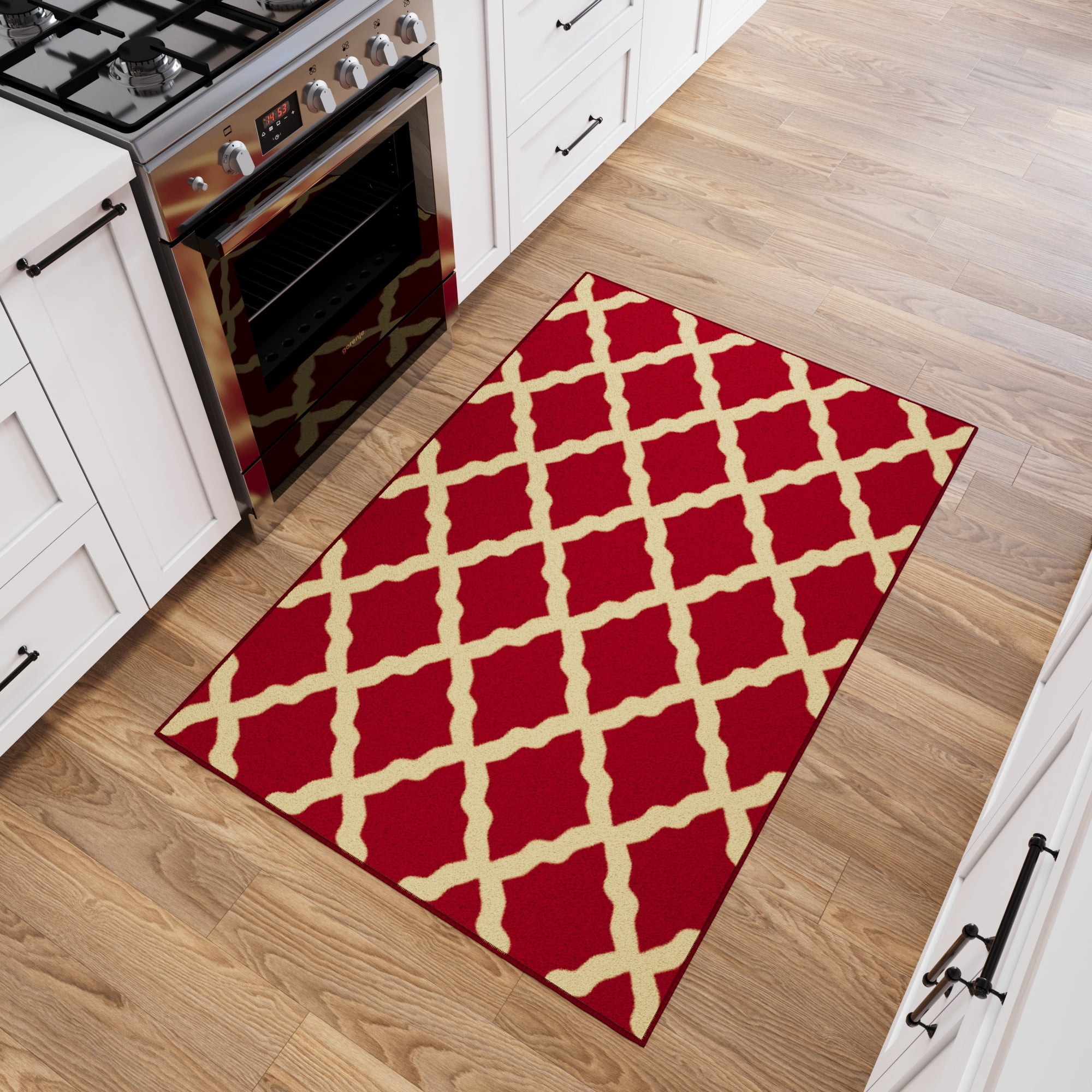 Ottomanson Trellis Area Rug 3'3" x 5' - Non Slip Low Pile Carpet, Red