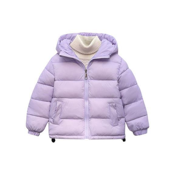 SERTG Big Kids Solid Color Hooded Coat Zipper Plush Lined Fall Winter Warm Down Cotton Long Sleeve Cold Weather Outerwear for Children 4-12 Years(Purple,3 Years)