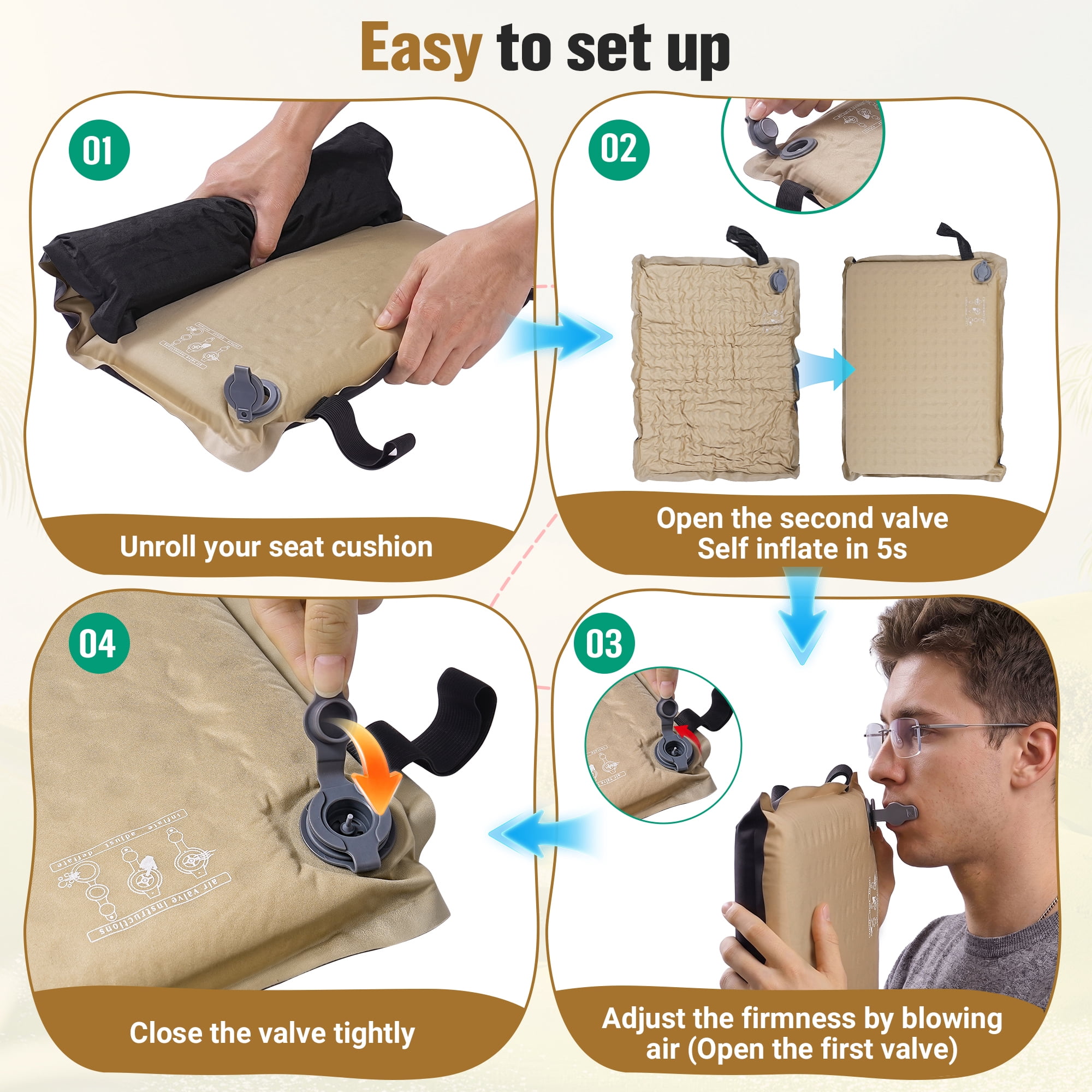 BNISE Inflatable Seat Cushion, 2 Inch Portable Self Inflating Memory Foam Seat Pad, Ultralight for Airplane, Stadium Bleachers, Camping and Office