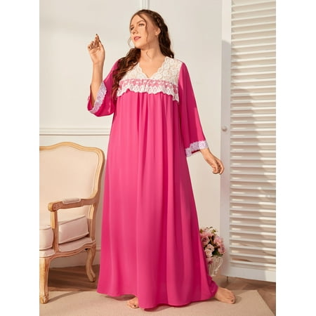 

Elegant Women s Plus Contrast Lace Night Dress Hot Pink 1XL(14) F220102Y