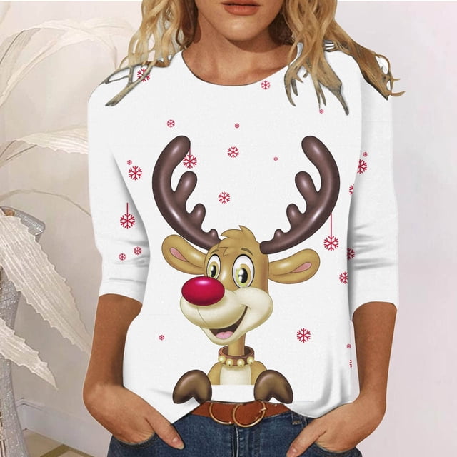 Pntutb - Camiseta holgada con estampado de moda para mujer, blusa de manga 3/4, cuello redondo, tops casuales Pntutb Pntutb-1859
