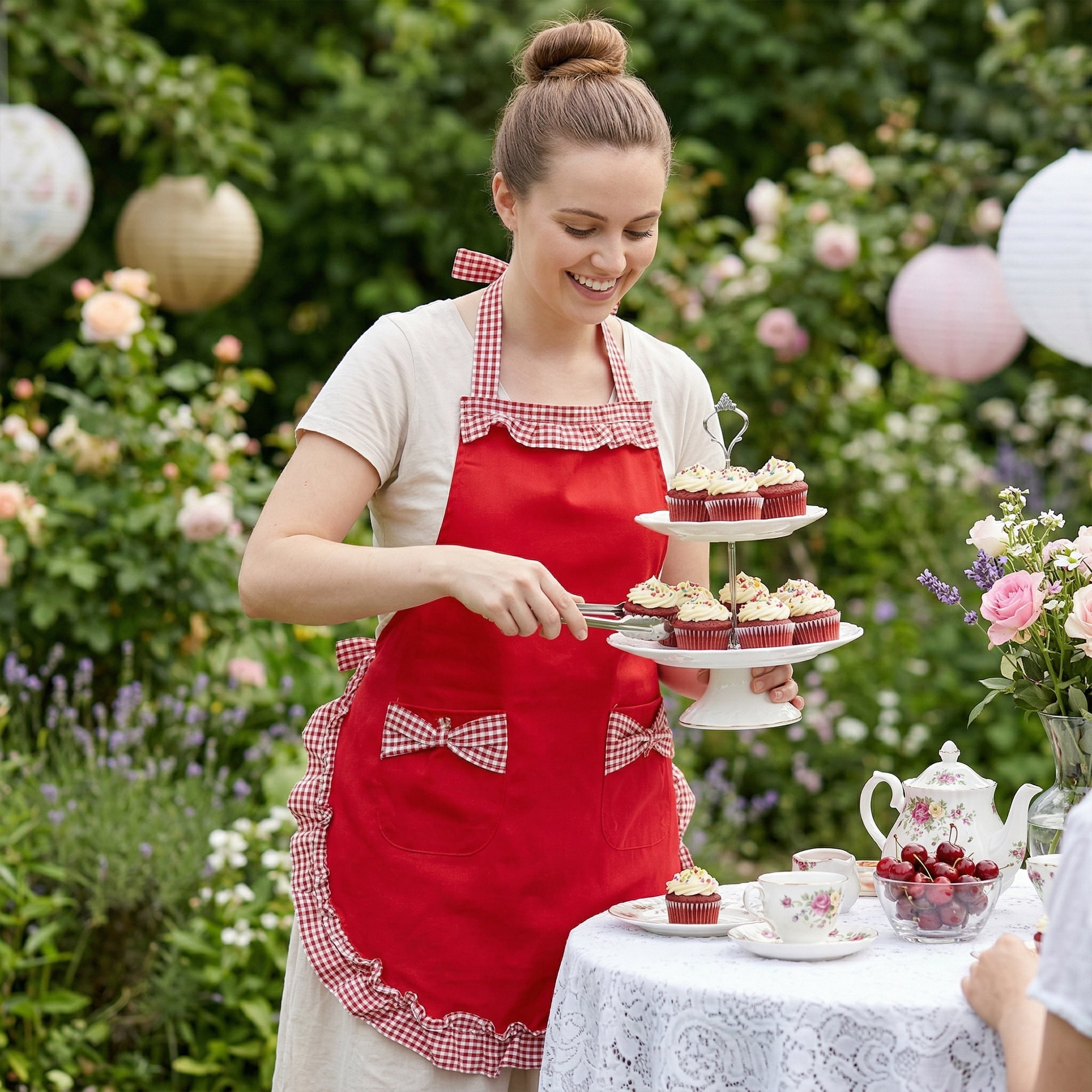 Unique Bargains Maid-style Durable Polyester Aprons with Pockets 25.4x28in Red