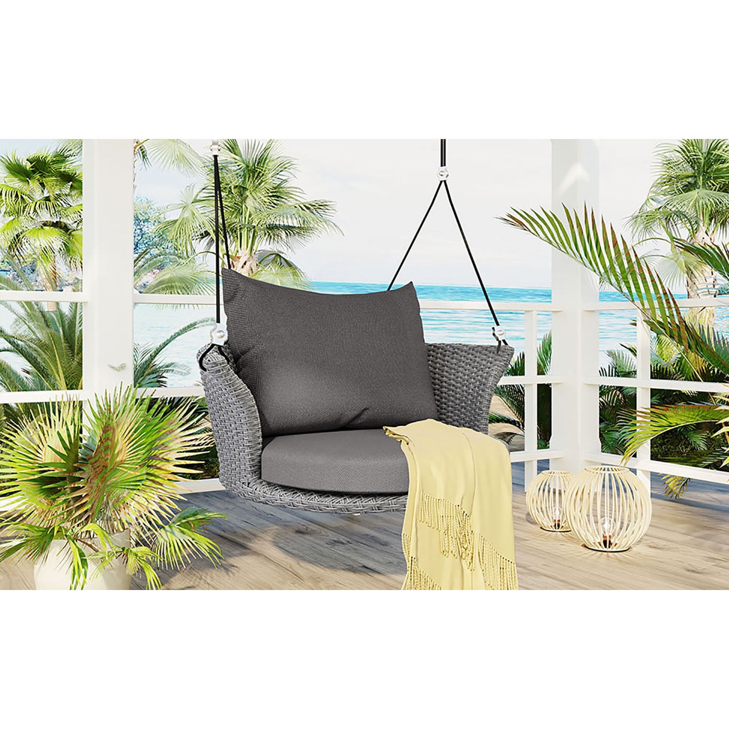 Kadyn 33.8" Single Person Hanging Seat, Rattan Woven Swing Chair With Ropes, Gray Wicker and Cushion, Wicker Porch Swing for Outdoor, Gray