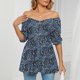 thumbnail image 2 of Camiseta con cuello en V para mujer, mangas abullonadas, camiseta con estampado suave y cómodo para compras diarias, 2 of 6