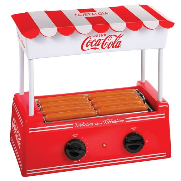 Nostalgia Coca-Cola Hot Dog Roller Holds 8 Regular Sized or 4-Foot-Long Hot Dogs and 6 Bun Capacity, Stainless Steel Rollers, Perfect For Breakfast Sausages, Brats, Taqui
