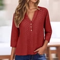 thumbnail image 2 of Womens Split Neck Blouses Solid Color 3/4 Sleeve Summer Casual Fashion Tee Red XXXL, 2 of 5