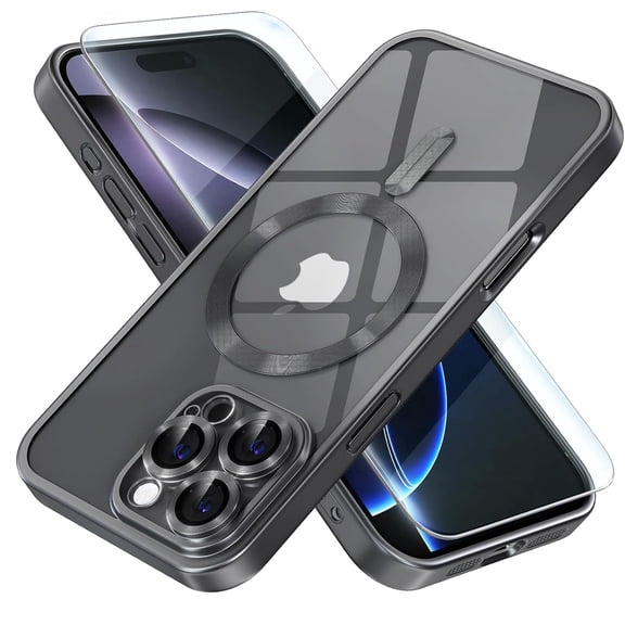 Dteck Magnetic Case with Tempered Screen Protector for iPhone 16 Pro,Shockproof TPU Transparent Case Compatible with MagSafe Full Camera Lens Protector Plating Back Cover,Titanium Gray