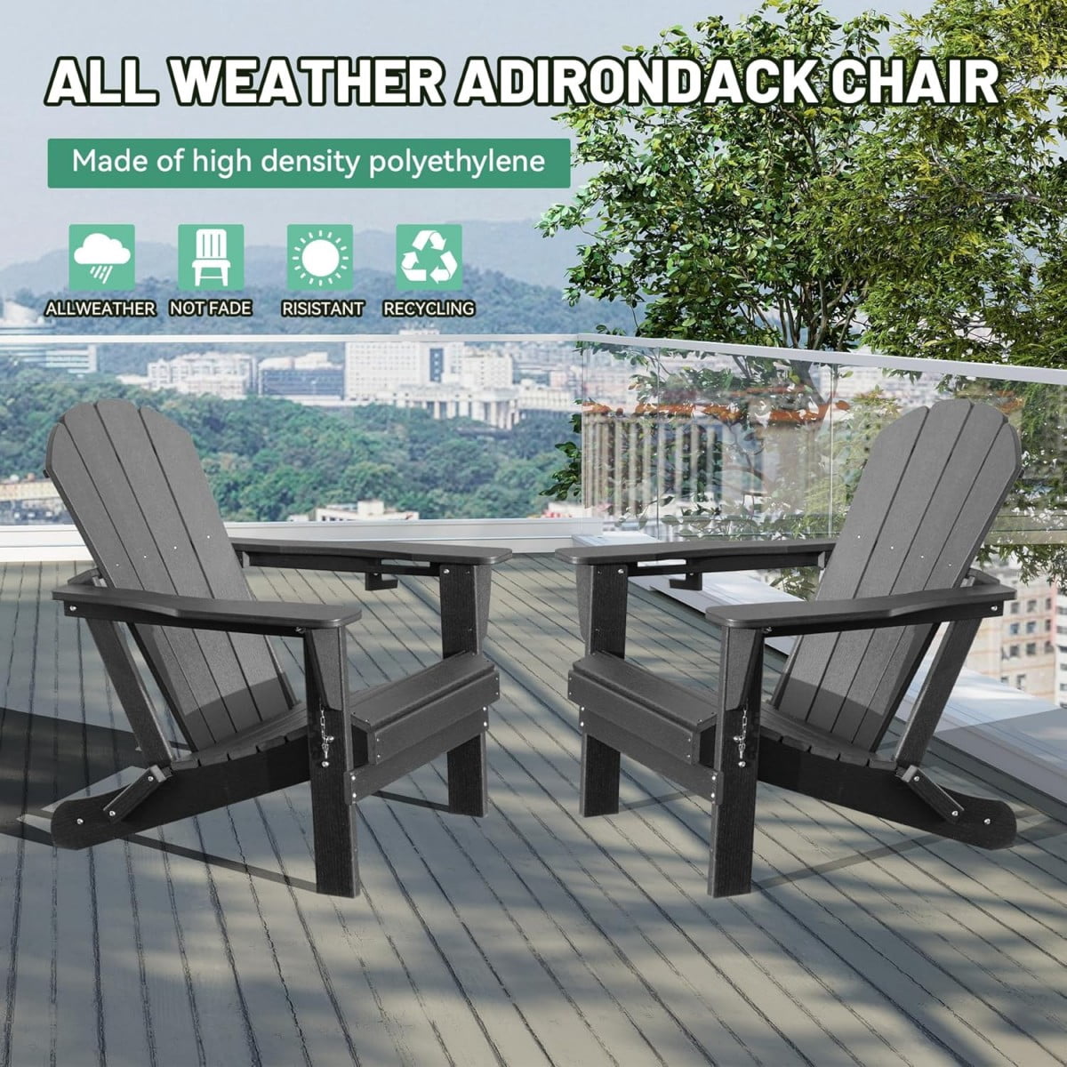 TOPCOMFY Adirondack Chair Set of 2 Folding All-Weather HDPE Plastic Outdoor Patio Lawn Fire Pit Seating with Cup Holder Gray