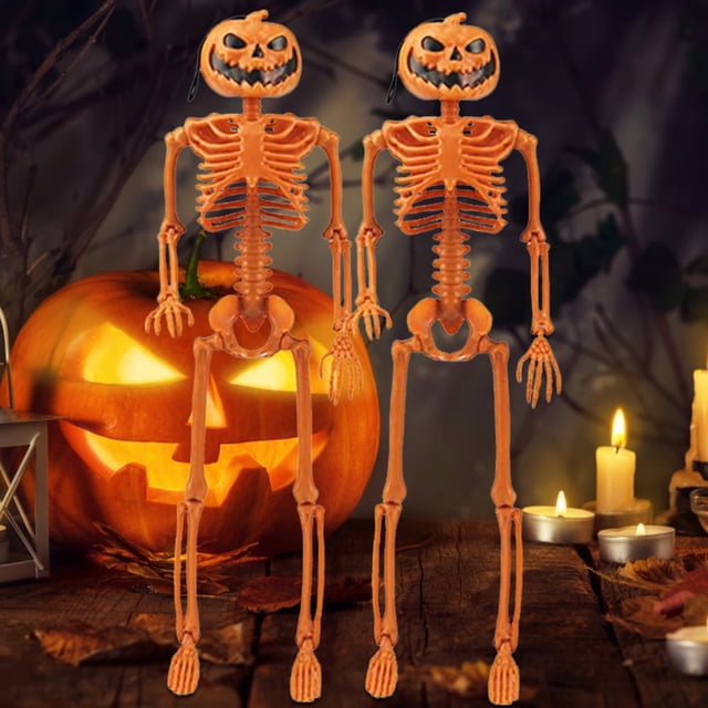 HBASD - 2 esqueletos de plástico articulados de 14,96 pulgadas para Halloween, decoración de calabaza con articulaciones móviles, esqueleto humano pequeño para patio, jardín, decoración de fiesta