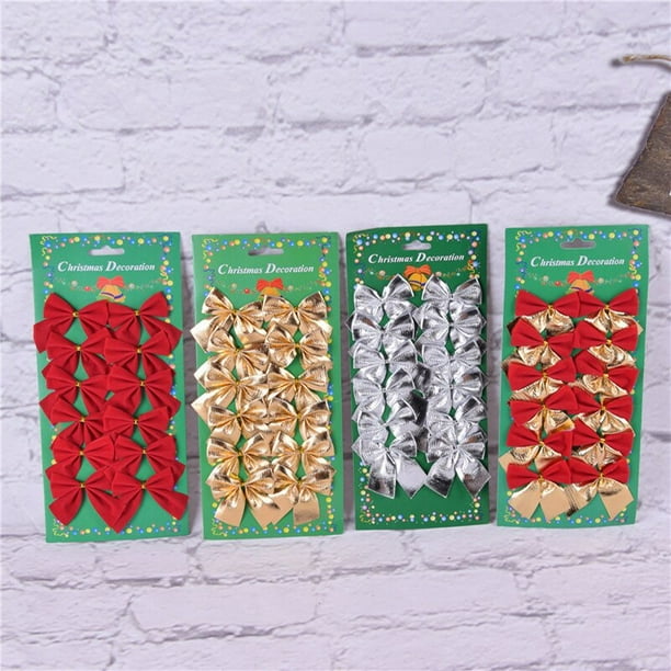 Adornos colgantes de lazo de Navidad para el hogar, decoración de árbol de Navidad, oro, plata, rojo, 12 piezas
