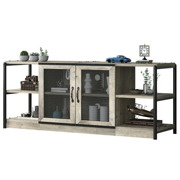 Centro de entretenimiento industrial para TV 65/75'' - Puertas de malla y gabinete de almacenamiento - Consola resistente para sala de estar - Acabado farmhouse - 1.6m gris rústico