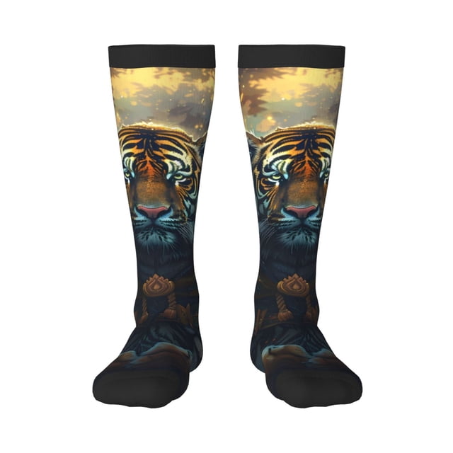 Fotbe Forest Meditating Tiger Calcetas Divertidas Estampadas para Hombre y Mujer, Calcetas de Algodón hasta la Rodilla para Caminar, Correr, Enfermería y Embarazo