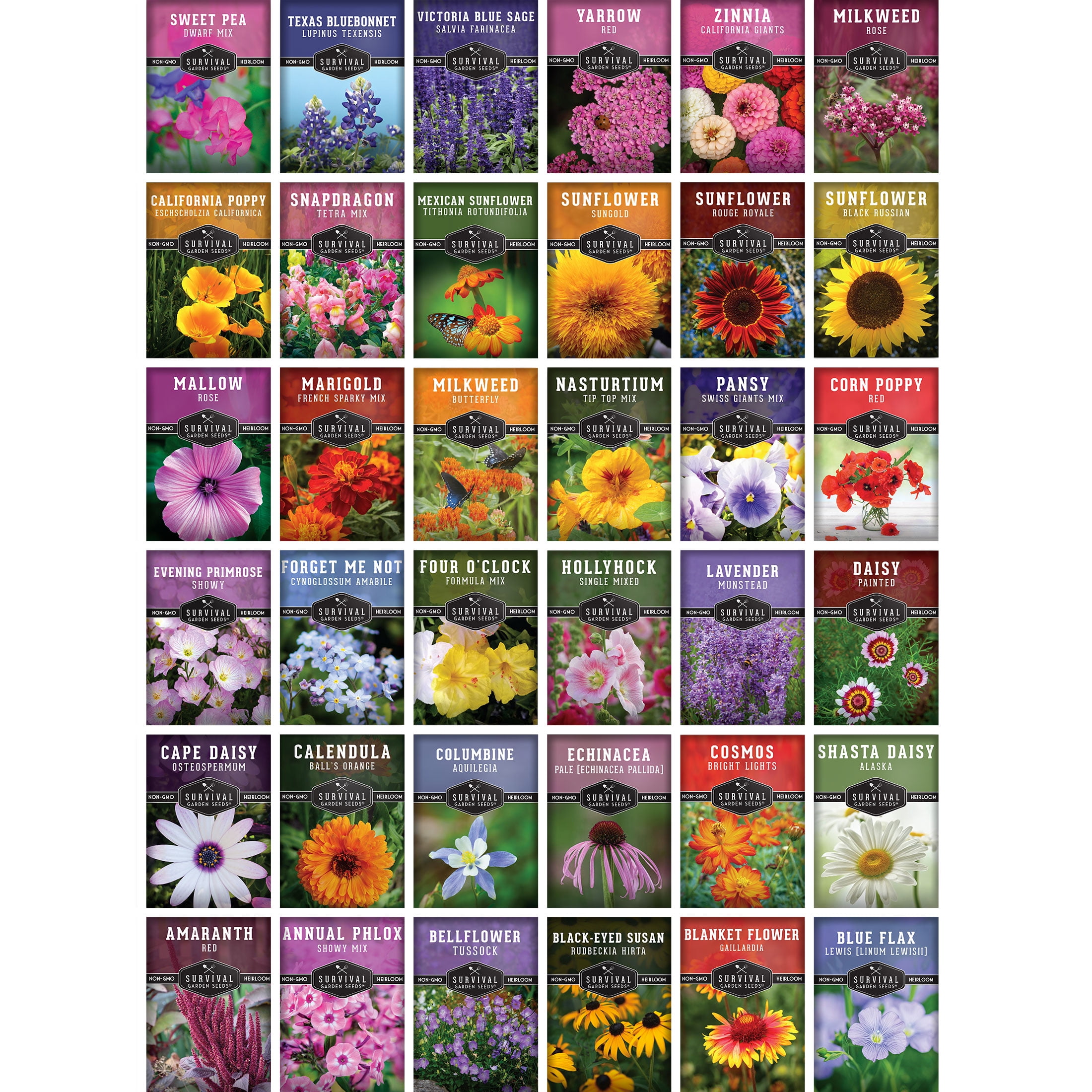 36 Pack Functional Flower Seeds - Non-GMO Full Sun, Includes Annual Flowers