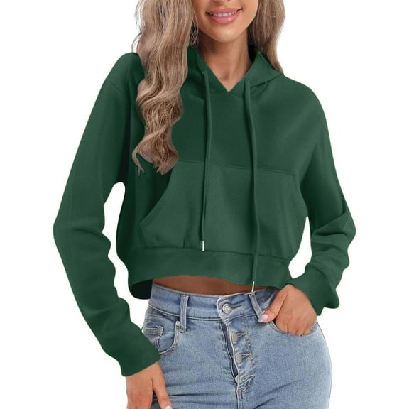 FASHOFT Women's Drawstring Cropped Hoodie Casual Hoodies for Women Workout Crop Tops Sweatshirt Long Sleeve Crop Dark Green L