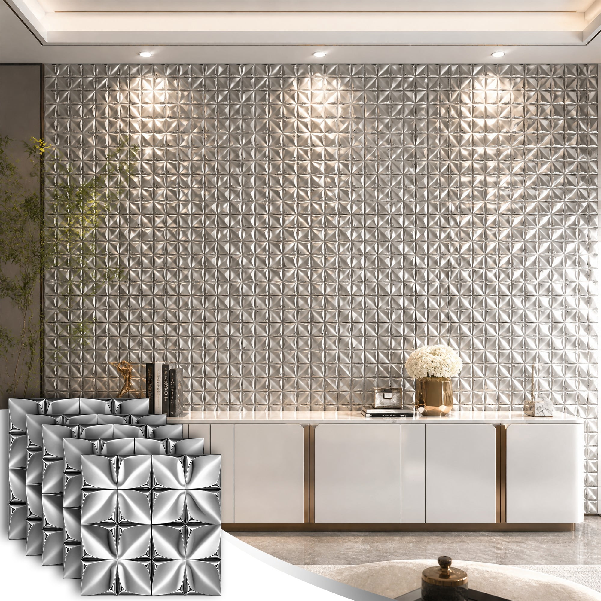 Easy4Home 5Pcs 12"x12" Metal Wall Panels Morden Mosaic Tiles for Interior Wall Decor, Silver