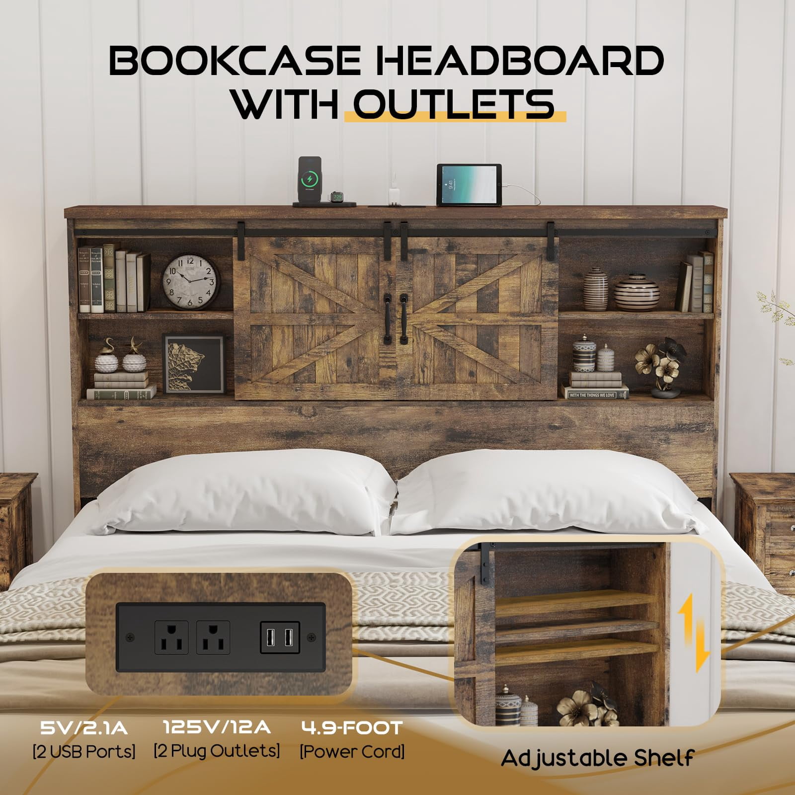VanAcc Full Size Wooden Platform Storage Bed Frame with 51.2" Wood Bookcase Headboard(Rustic Brown)