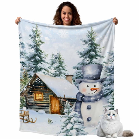Christmas Fleece Throw Blanket Lightweight Winter Blue Snowman Xmas Tree Farmhouse Snow Scene Fuzzy Flannel Throws Super Soft Cozy Flannel Blanket for Couch, Sofa, Bed, Travel 50"x60"