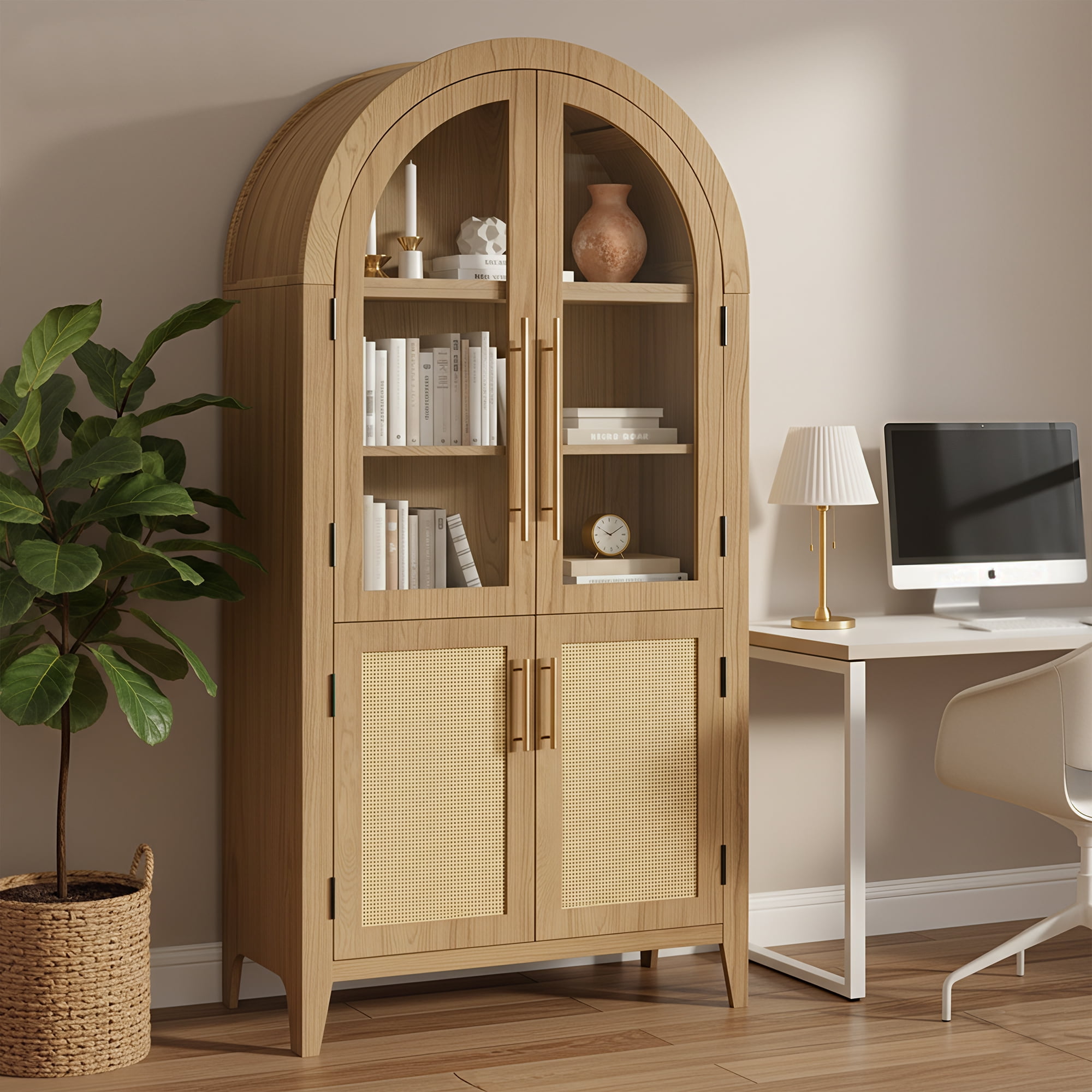 MAYEERTY Arch Display Cabinet with Glass Doors, Wooden Storage Cabinet with Adjustable Shelves for Living Room, 63" Oak