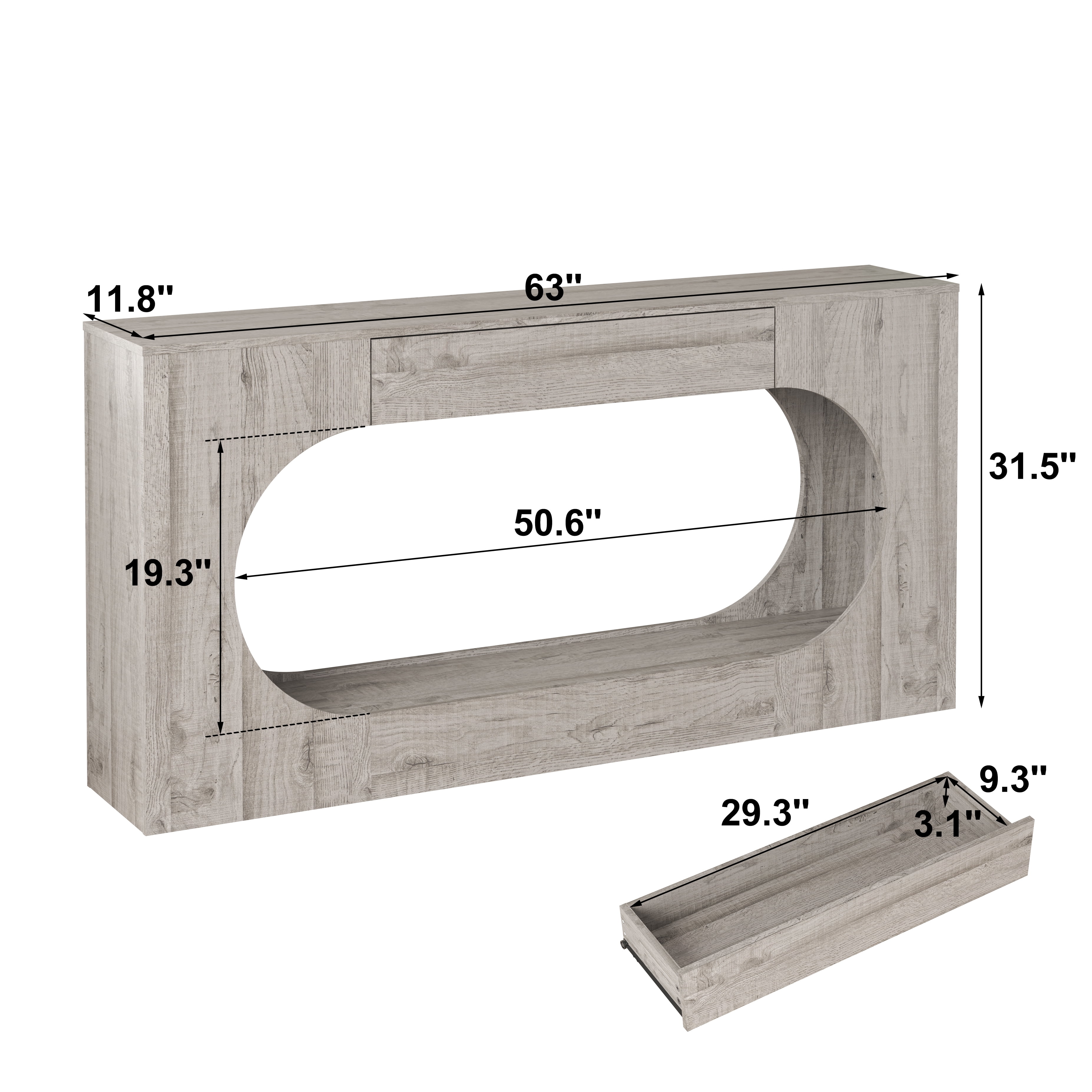 Mintazer Wood Grain Console Table with Drawer, 63"W Oval Hollow Frame Narrow Entryway Accent Table for Hallway,Living Room, Stairside, Grey