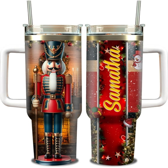Personalized Nutcracker Christmas Tumbler Cup 40oz with Handle and Straw Custom Name Travel Coffee Mug Double Wall Vacuum Stainless Steel Xmas Holiday Gifts for Family Friends Men Women