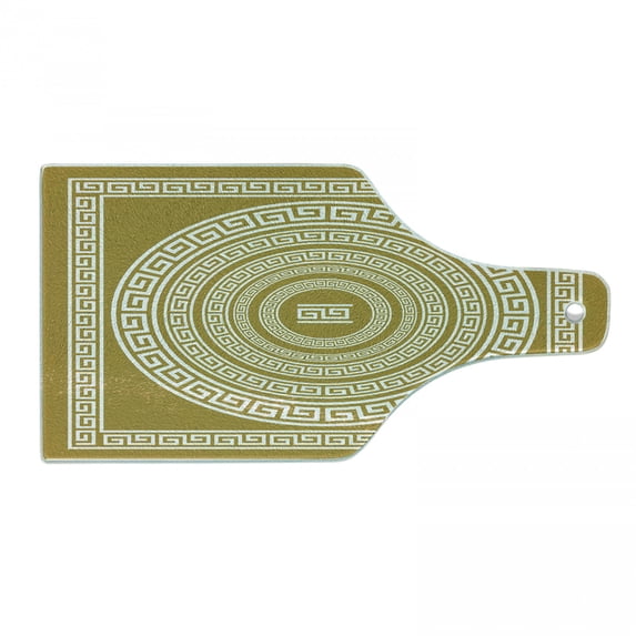 Greek Key Cutting Board, Frieze with Vintage Ornament Meander Pattern from Greece Retro Twist Lines, Tempered Glass Cutting and Serving Board, Wine Bottle Shape, Pale Amber White, by Ambesonne