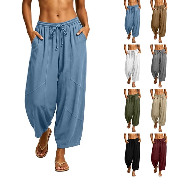 Cmtiyu Linen Pants for Women, Baggy Elastic Waist Drawstring Wide Leg Pants with Pockets, Casual Flowy Vacation Palazzo Pants, S-3XL
