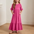 thumbnail image 2 of Busydd Girls Maxi Dress 4-14 Years Casual Short Sleeves Ruffle Hem Girls Dresses Fashion Tiered Solid Color Flowy Long Dress with Pockets 4-5 Years, 2 of 8