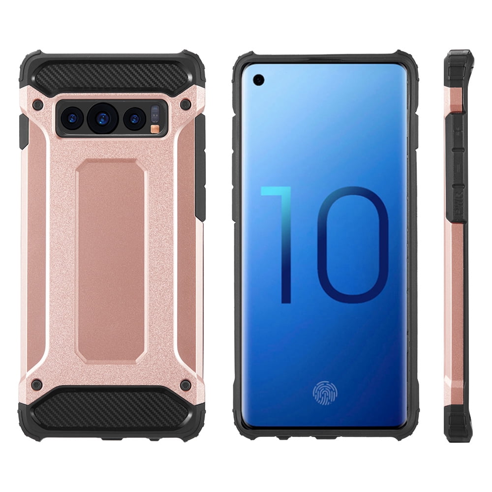 BUNDLE: Rugged Performance Dual Layer Hybrid Case for Galaxy S10 (Rose Gold) & Retractable 3.5mm Headphone Splitter Cable - Slim, Port Covers, Corner Protection, Shock Absorption, Raised Lip Guard