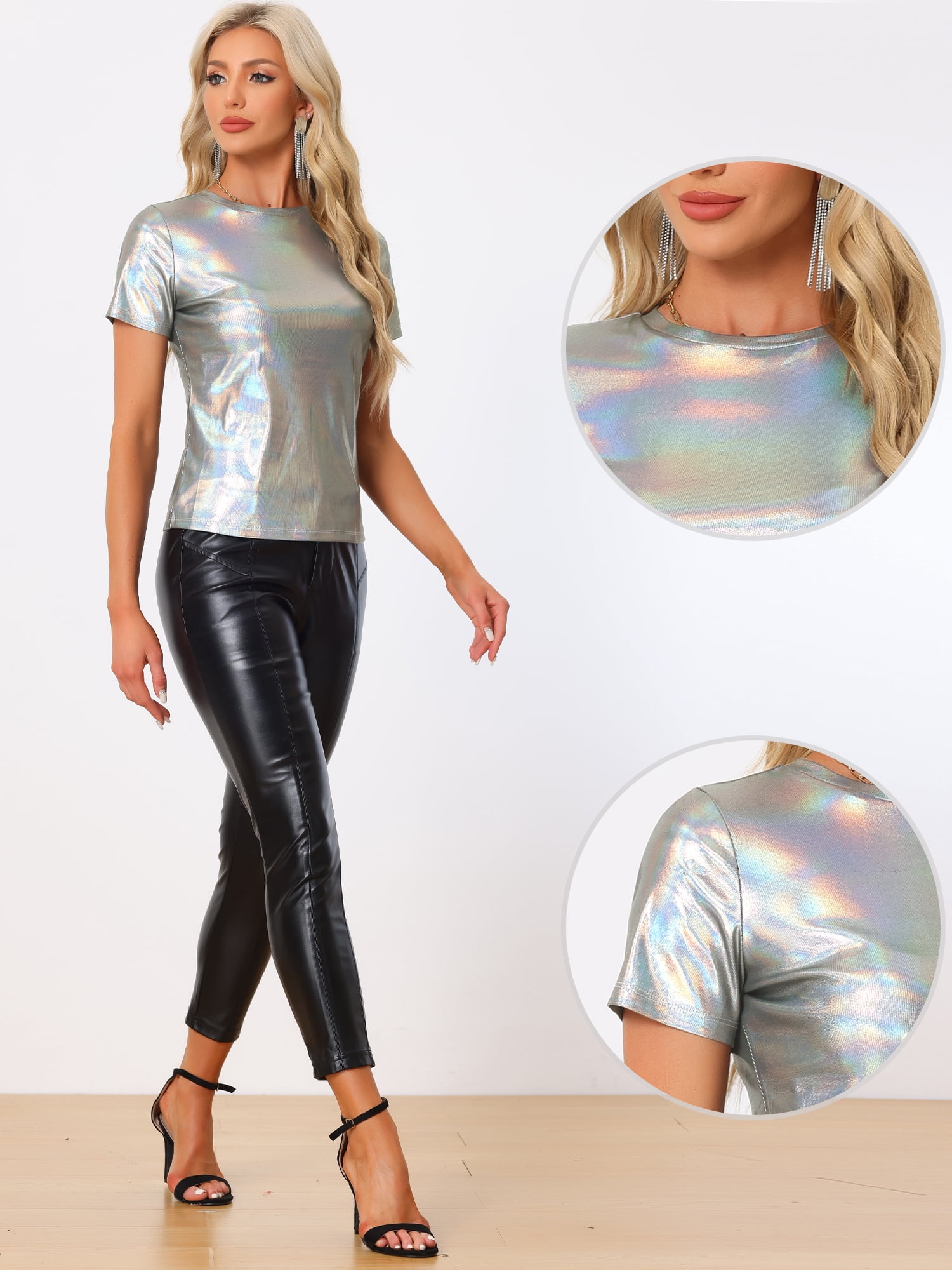 DARING DIVA Party Metallic Textured Short Sleeve Shiny Tops M Shiny Silver