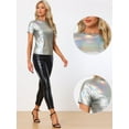thumbnail image 2 of DARING DIVA Party Metallic Textured Short Sleeve Shiny Tops M Shiny Silver, 2 of 6