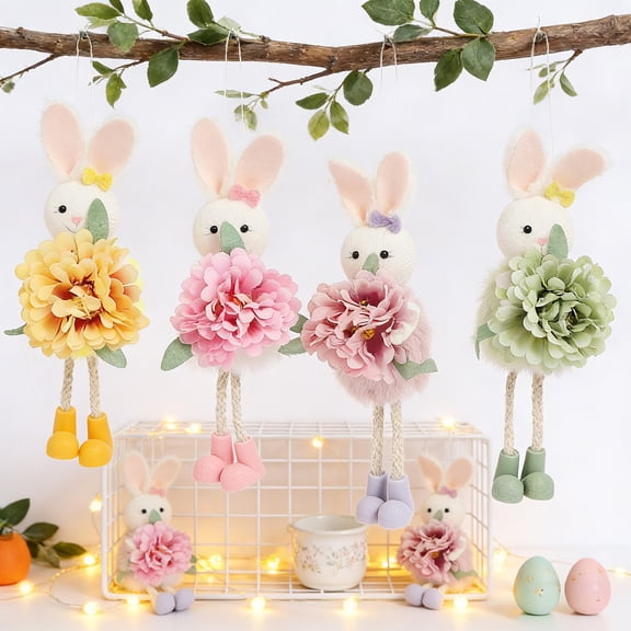 Twfbrm Easter Bunny Hanging Ornaments, Easter Decorations, 8 inch Cute Fluffy Flower Rabbit Doll with Rope, Handmade Spring Decorative Plush Bunny Pendants for Tree, Wall, Doors & Mantels