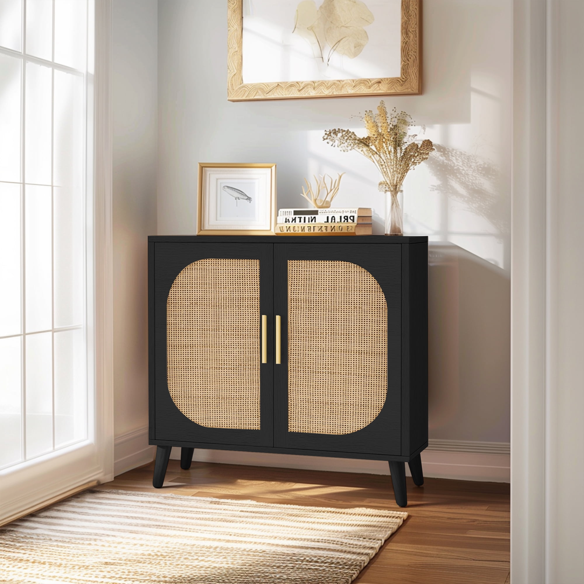 Black Buffet Cabinet with 2 Doors and 4 Compartments – Solid Wood Feet Sideboard for Bathroom, Hallway, Entry, Living Room