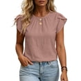 thumbnail image 2 of Ahdbta Women Dressy Casual Tops Summer Loose Work Blouses Cotton Linen Flutter Short Sleeve Crew Neck Shirts, 2 of 6