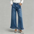 thumbnail image 2 of Womens Casual Lace Trim Loose Straight Leg Jeans High Waisted Denim Pants Wide Leg Full Length Everyday Style, Blue-L, 2 of 5